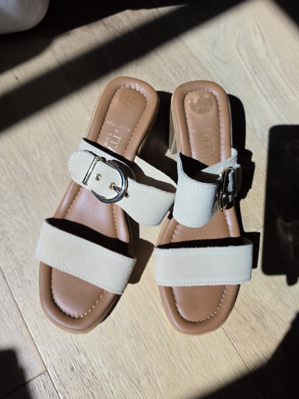 Italian Shoemakers Cream Suede Buckle Slide Heels